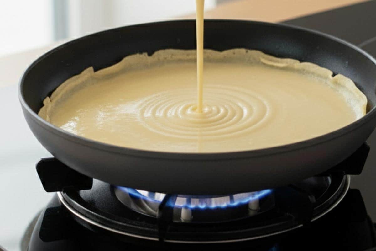 Pouring the batter in the pan.