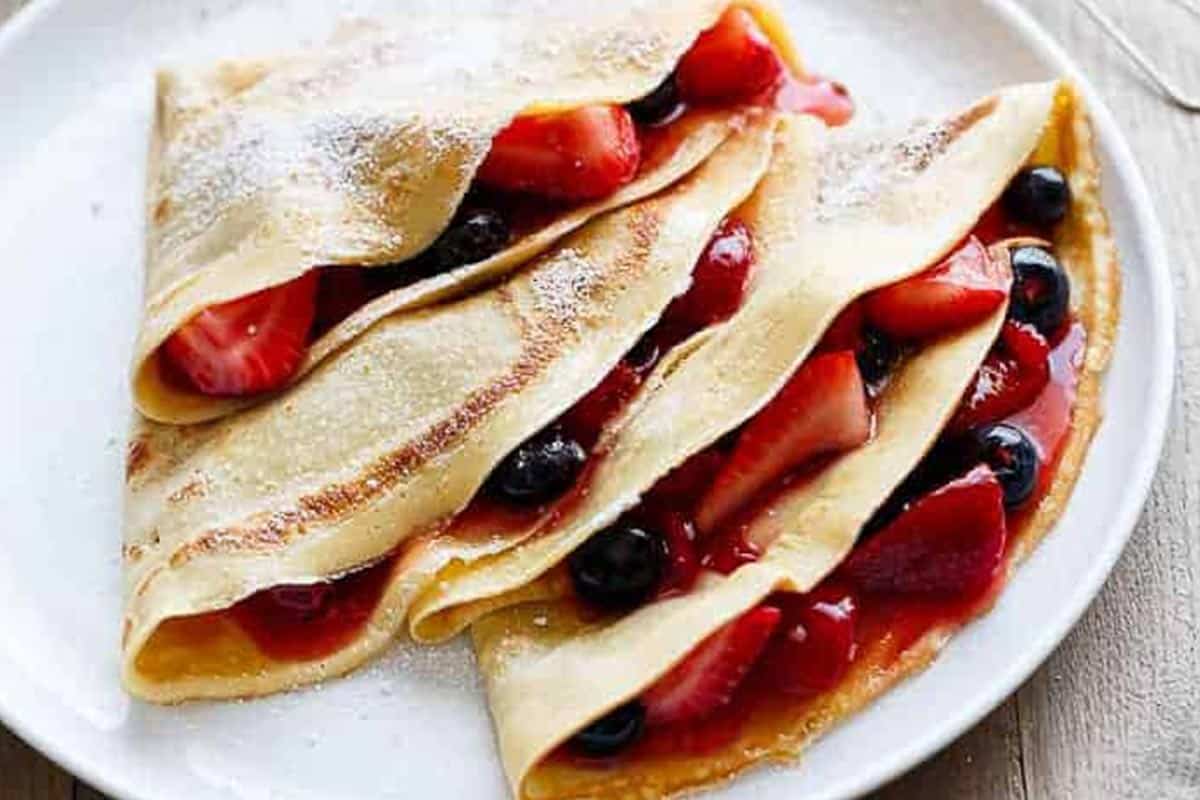 Close-up shot of Blender Eggnog Crêpes.