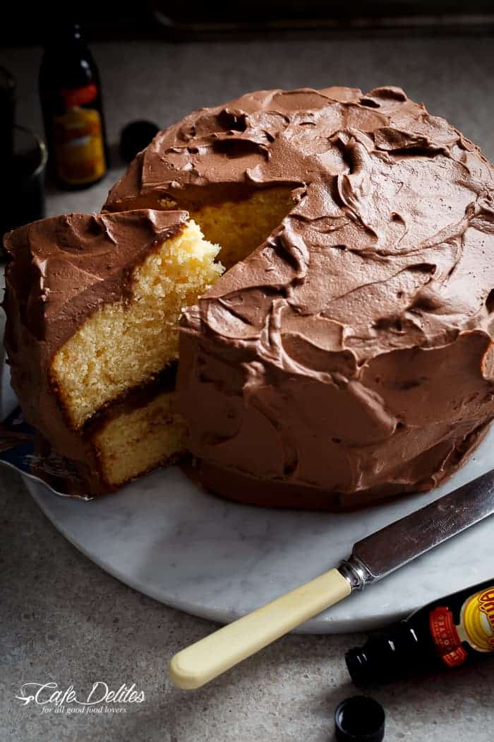 Butter Cake with Kahlua Chocolate Cream Frosting | https://cafedelites.com