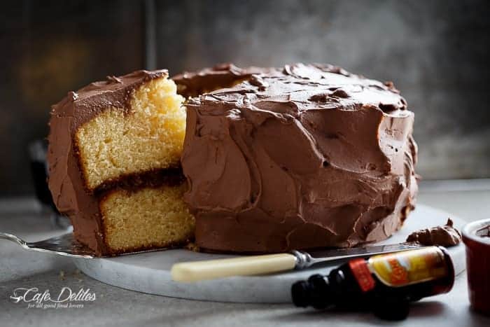 Butter Cake with Kahlua Chocolate Cream Frosting | https://cafedelites.com