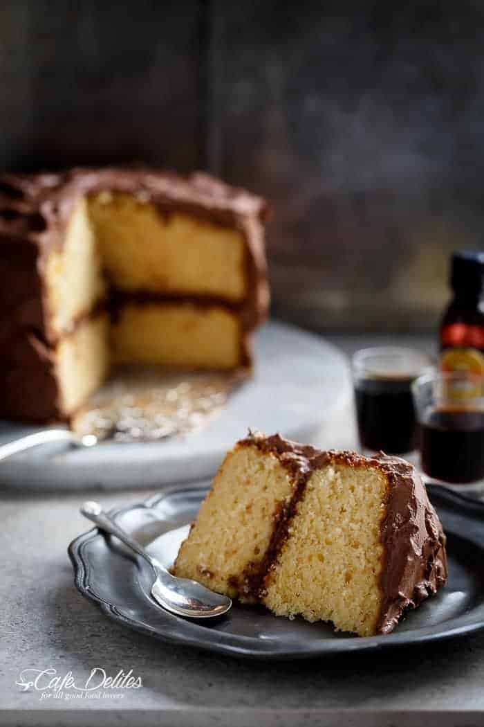 Butter Cake with Kahlua Chocolate Cream Frosting | https://cafedelites.com