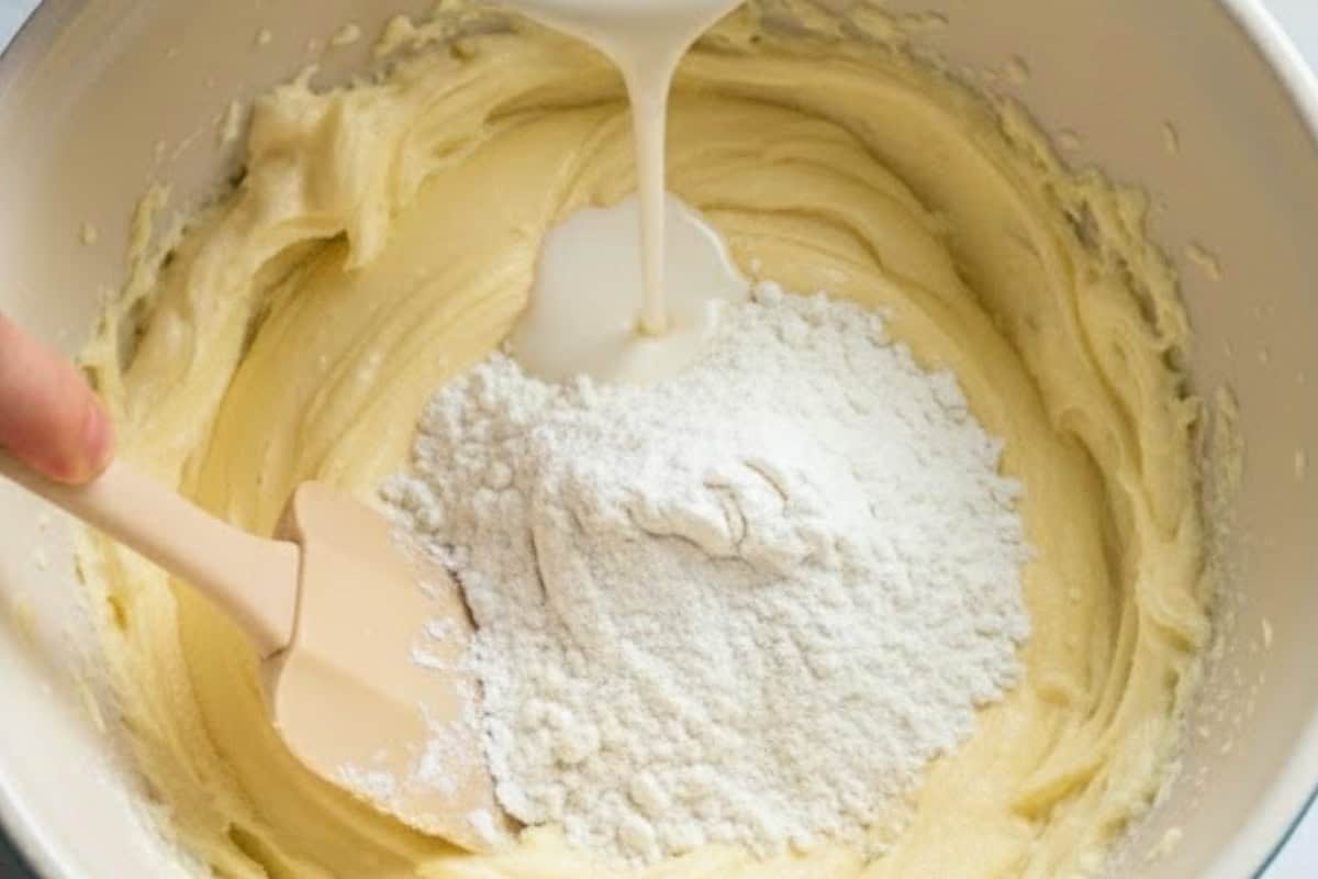 Add half of the buttermilk and mix until smooth, then fold in remaining flour and buttermilk until creamy. - 7