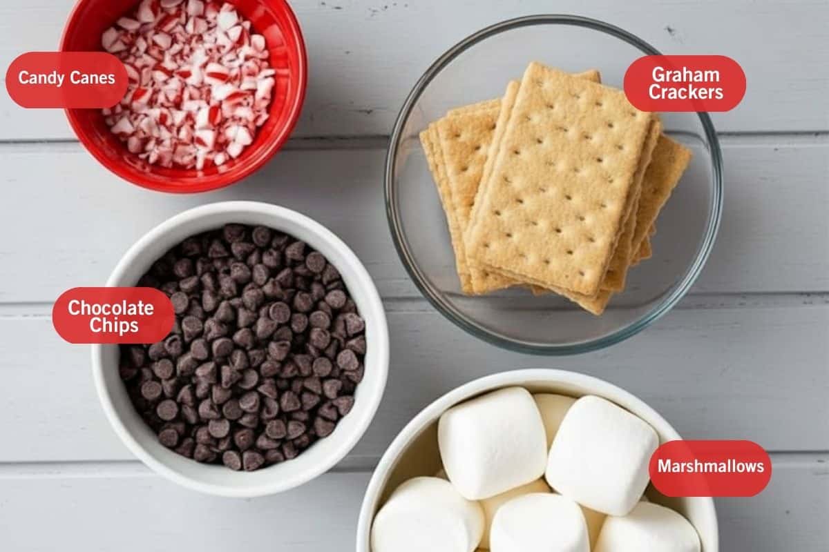 Flat lay of ingredients shot of candy canes, graham crackers, chocolate chips, marshmallows