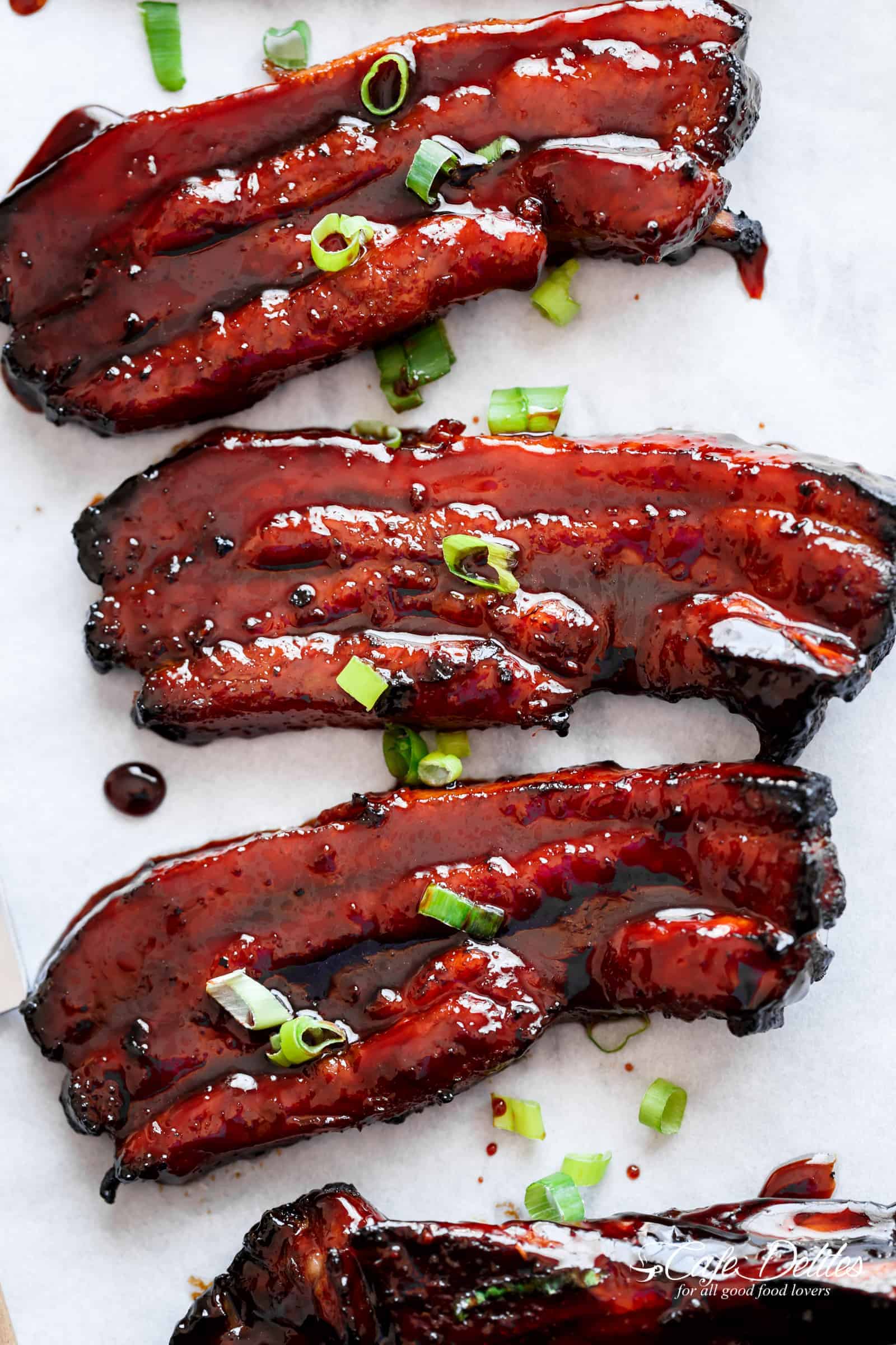 Sticky Chinese Barbecue Pork Belly pieces on a tray