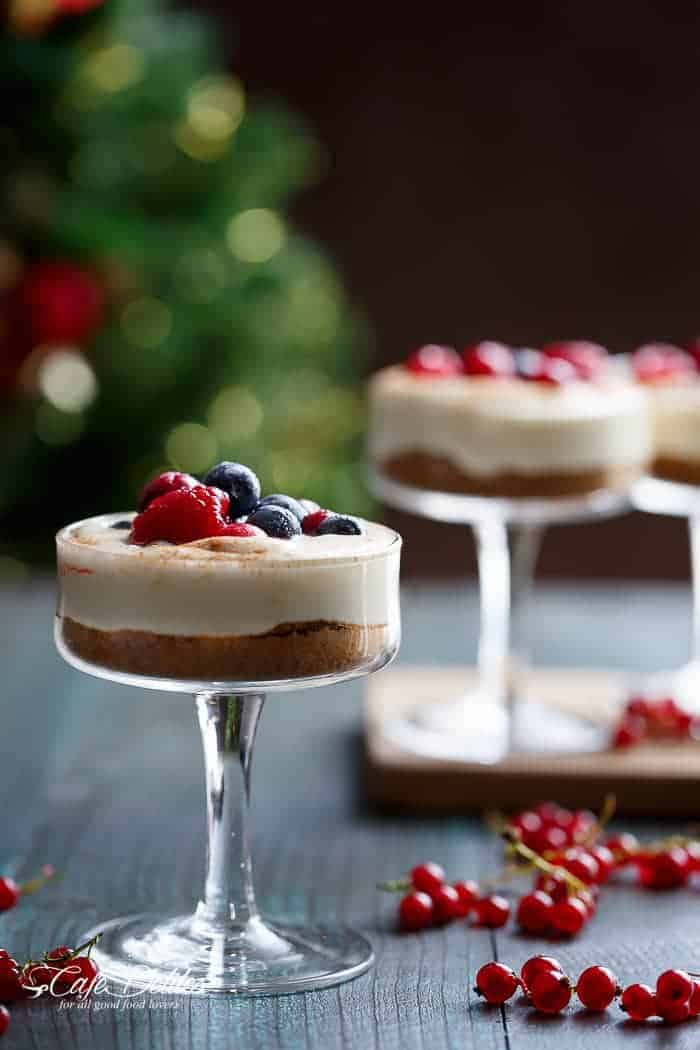 With a gingerbread cookie base and sugared berries as a topping No Bake Eggnog Berry Cheesecakes