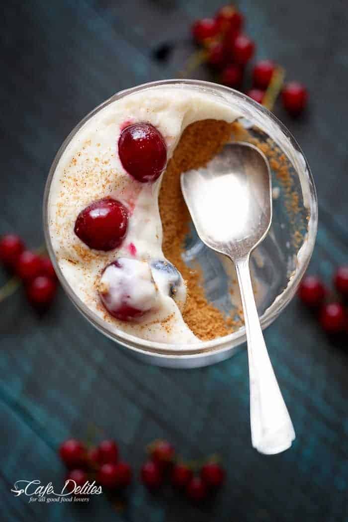 With a gingerbread cookie base and sugared berries as a topping No Bake Eggnog Berry Cheesecakes