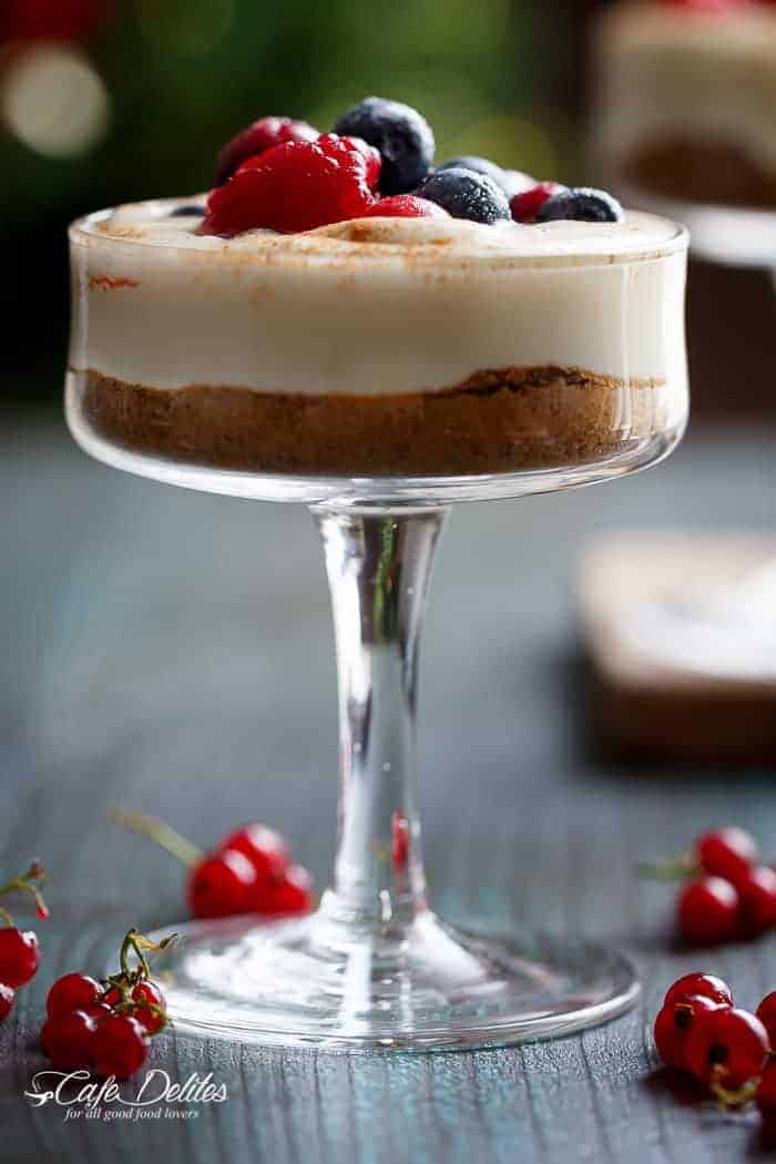 With a gingerbread cookie base and sugared berries as a topping No Bake Eggnog Berry Cheesecakes