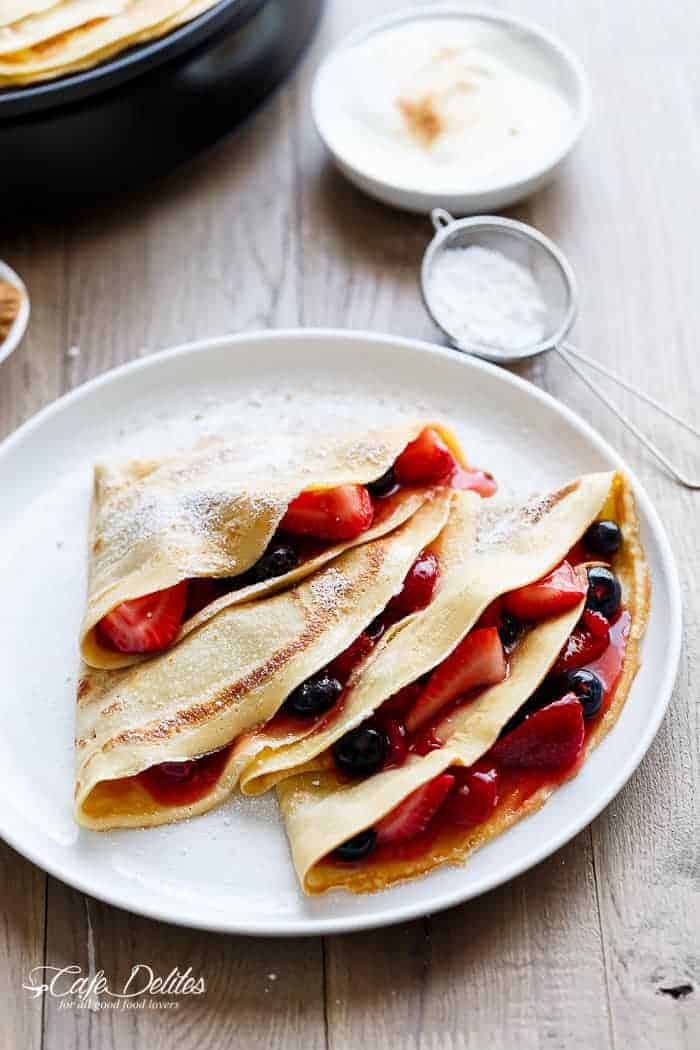Blender Eggnog Crêpes made easy and fast in your blender! The perfect way to use up any leftover eggnog for a simple post-christmas breakfast.