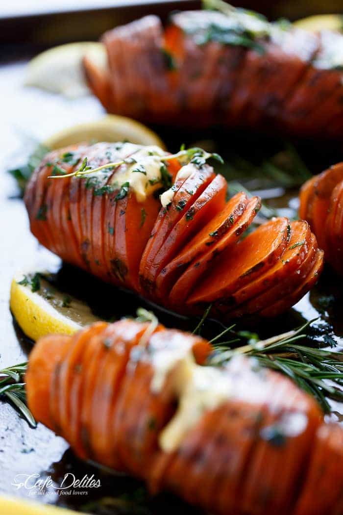 Hasselback Herbed Garlic Butter Sweet Potatoes | https://cafedelites.com