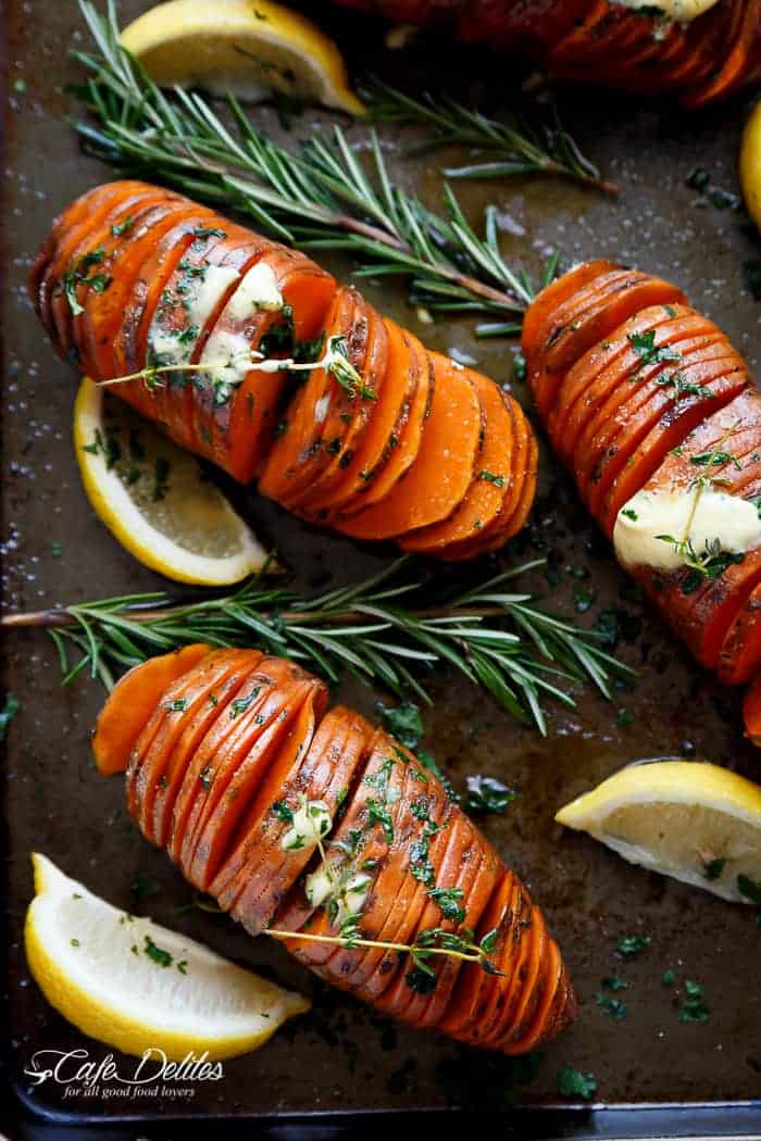 Hasselback Herbed Garlic Butter Sweet Potatoes | https://cafedelites.com