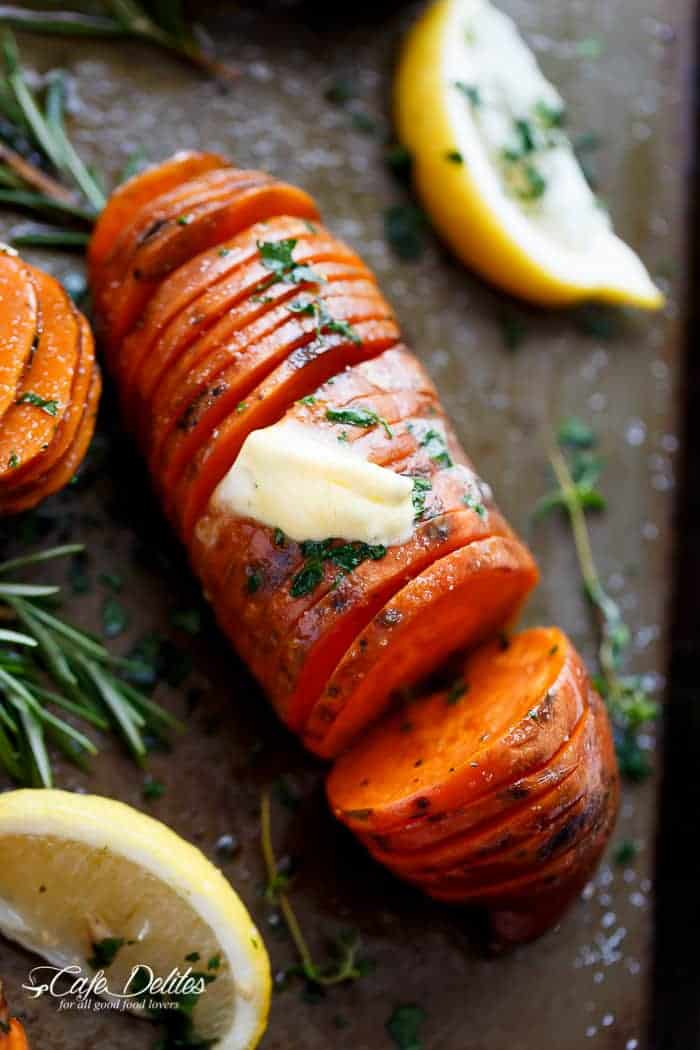 Hasselback Herbed Garlic Butter Sweet Potatoes | https://cafedelites.com