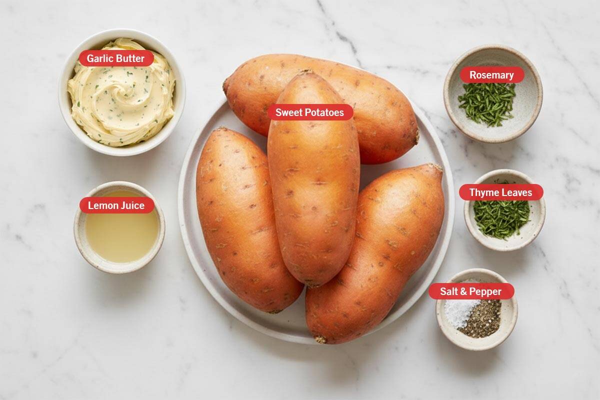 top shot of ingredients: garlic butter, lemon juice, sweet potatoes, rosemary, thyme leaves, and salt and pepper.