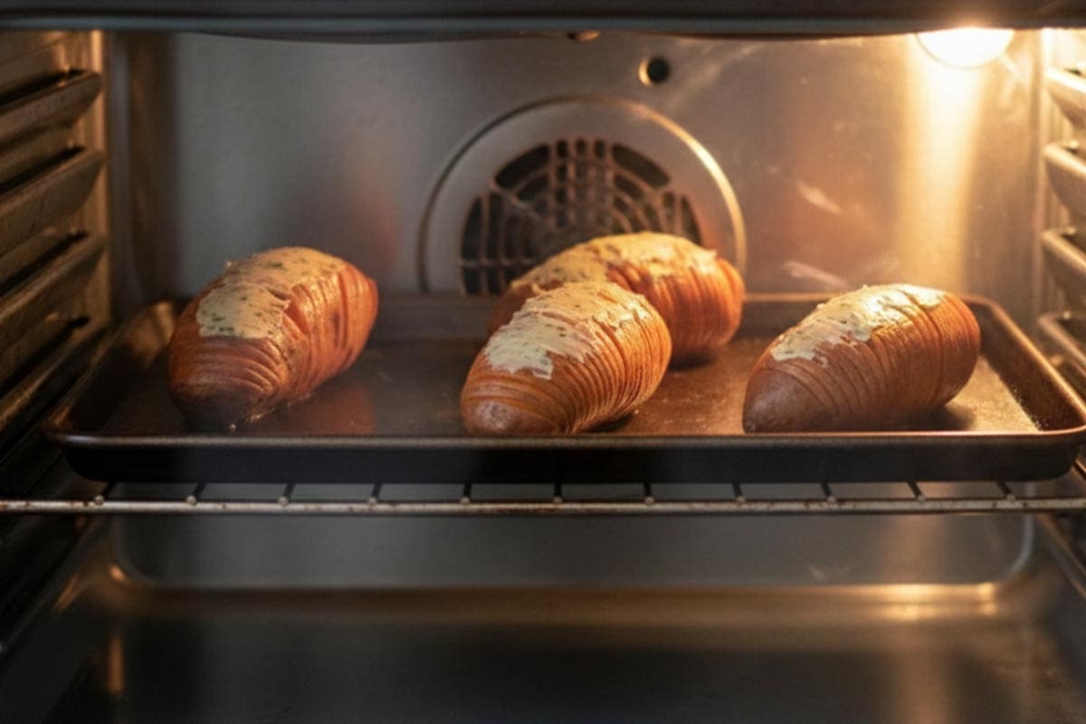 Placed the tray with potaoes in the oven.