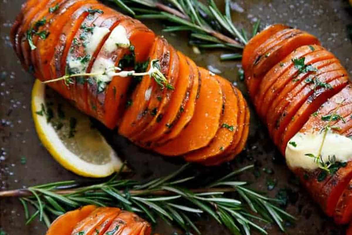 Close-up shot of Hasselback Sweet Potatoes.