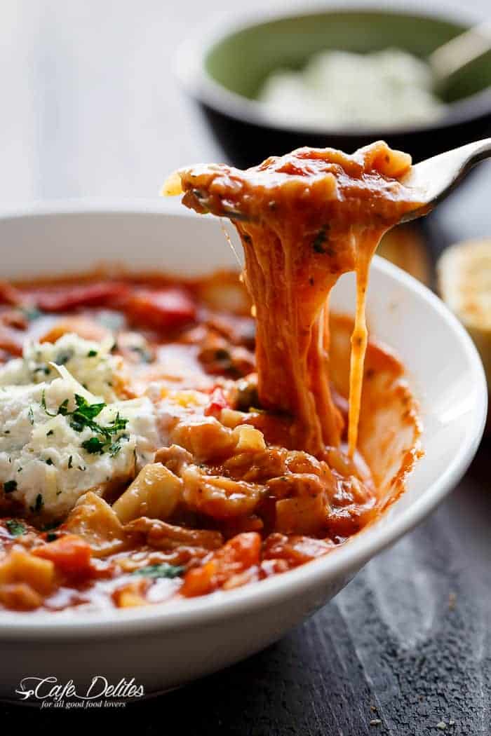 A lighter and healthier version of lasagna with all of the traditional flavours you love Easy Slow Cooker Lasagna Soup + VIDEO!