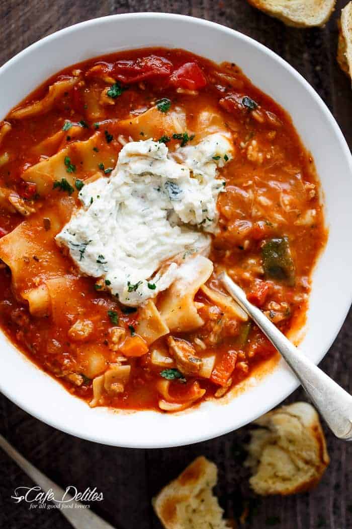 A lighter and healthier version of lasagna with all of the traditional flavours you love Easy Slow Cooker Lasagna Soup + VIDEO!