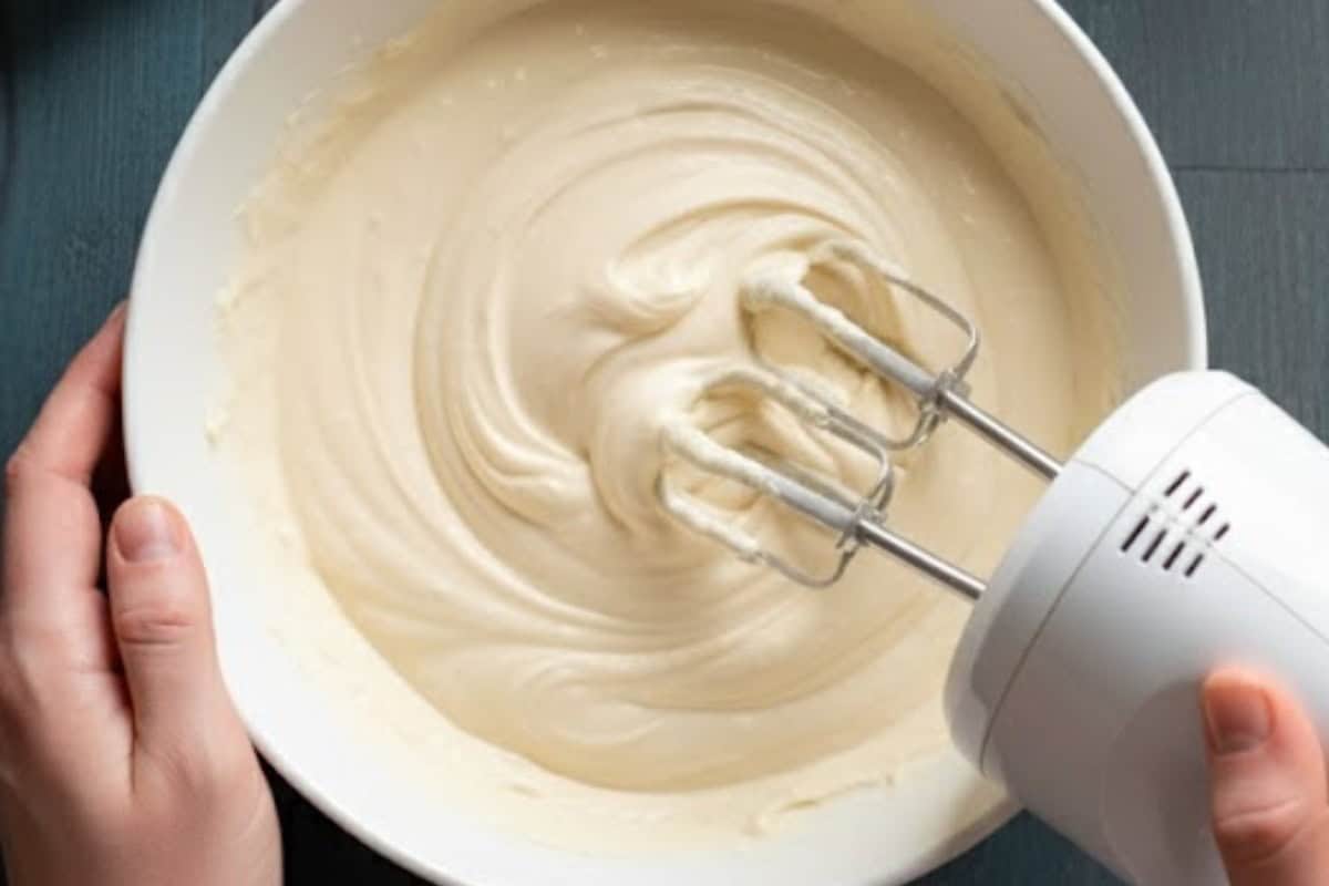 Use an electric beater to whip the cream cheese, cream, and sugar until thick and smooth. Add the rum and vanilla