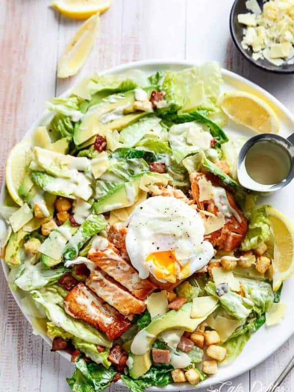 Crispy pan fried Salmon meets Caesar salad for a twist on the traditional