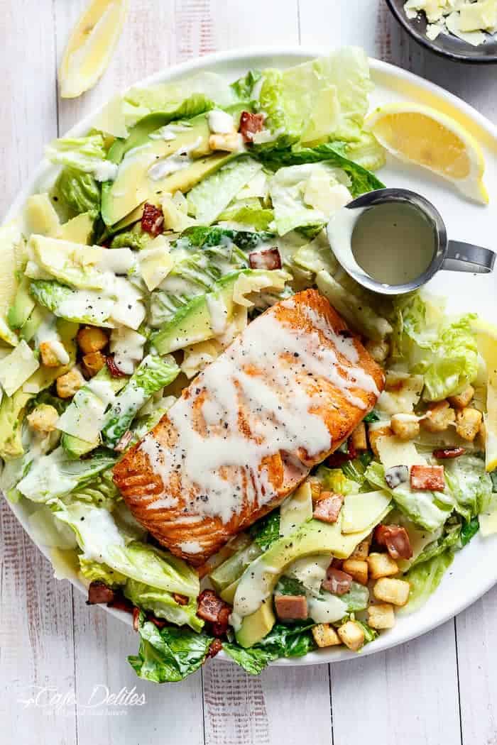  And what I love more than a good caesar salad Salmon and Avocado Caesar Salad