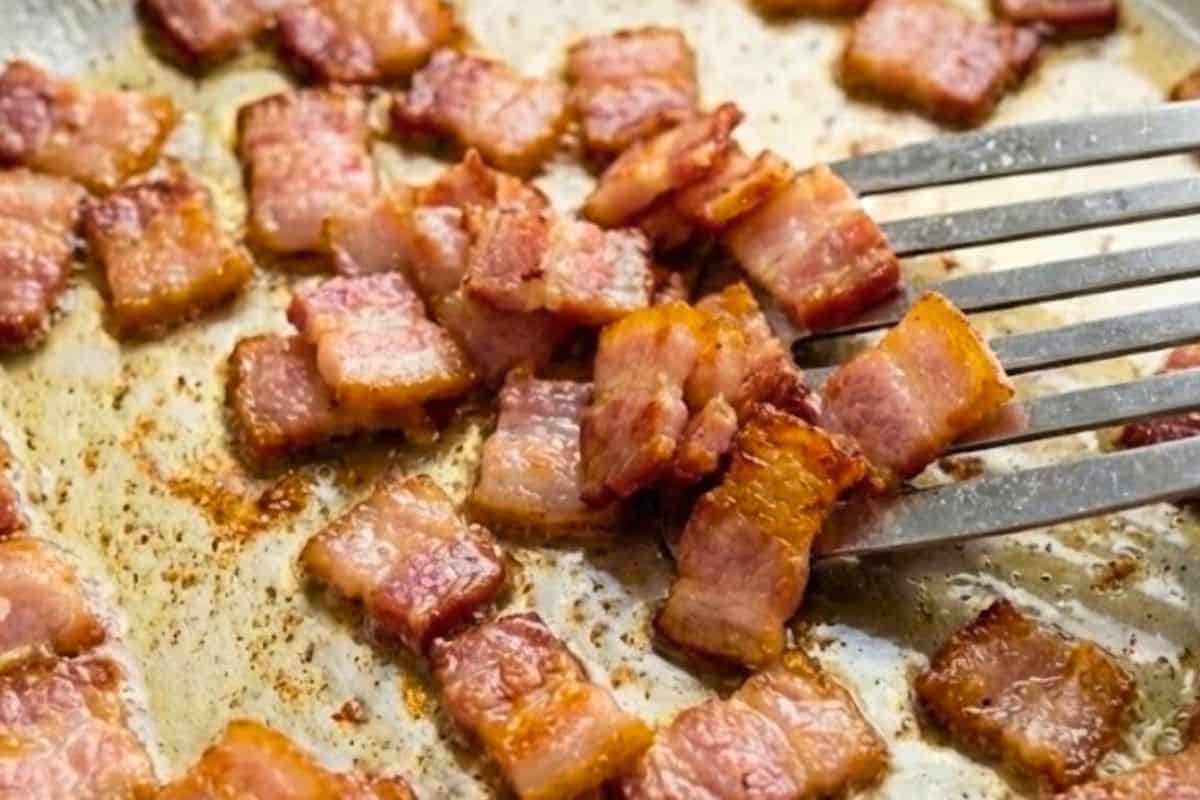 Add the diced bacon to the same skillet over medium heat. Cook until golden and crispy - 7