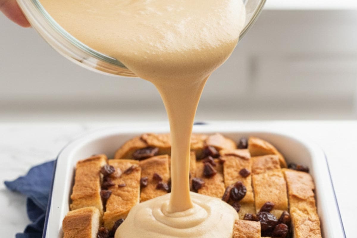 Pouring the custard over the bread. - 6