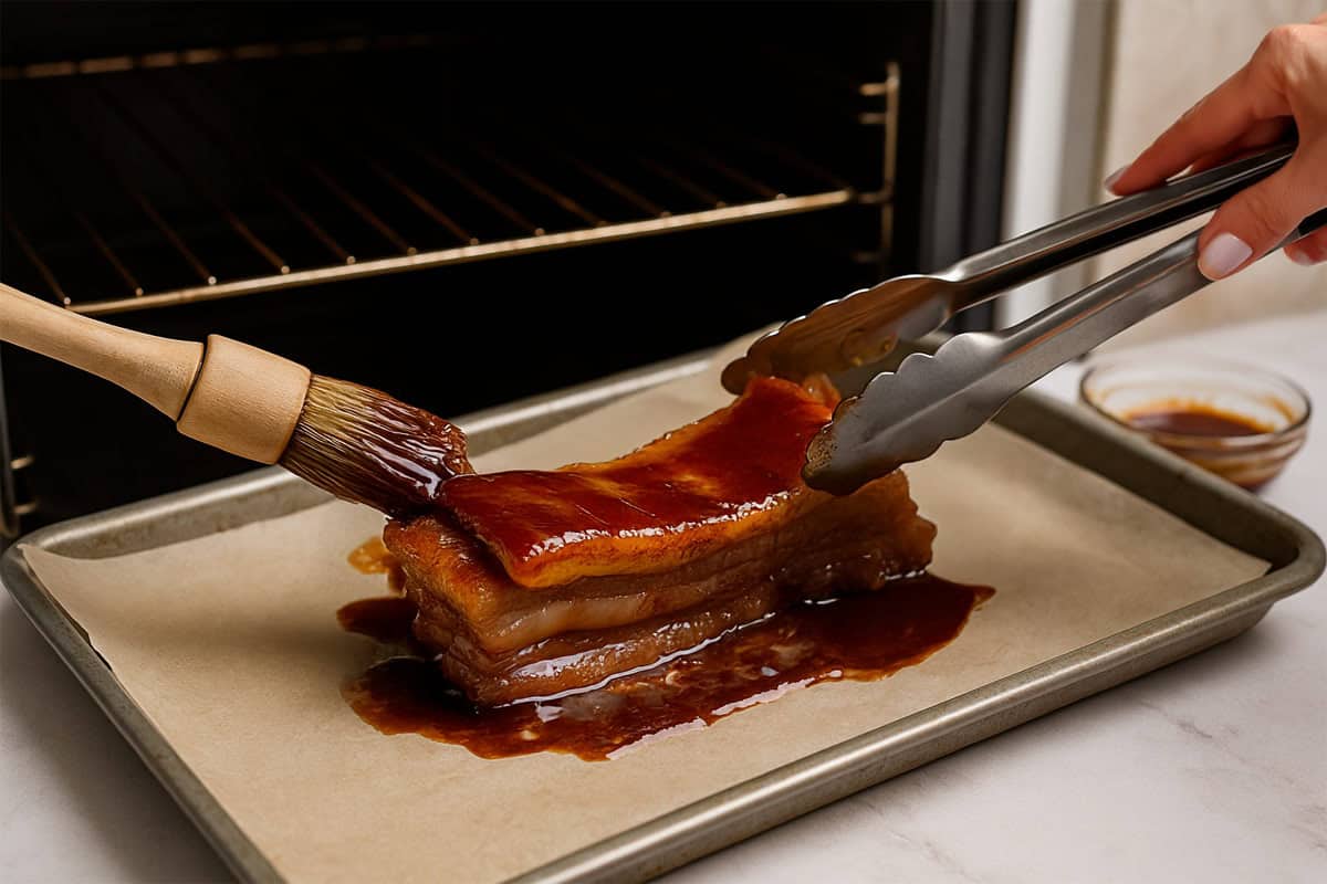 Raw marinated pork belly on a foil-lined baking tray, ready to be placed in the oven for roasting.