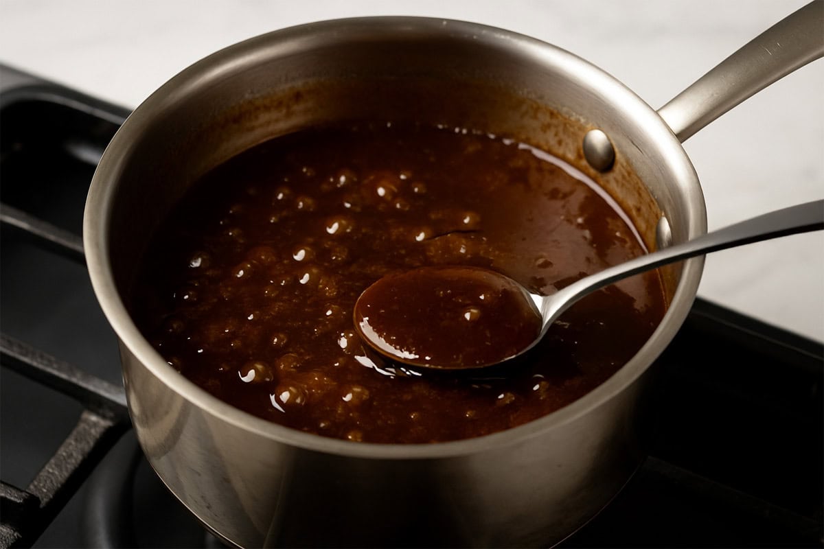 Simmering glaze in a stainless steel saucepan with natural bubbles and a rich, glossy texture, seen close-up from above.