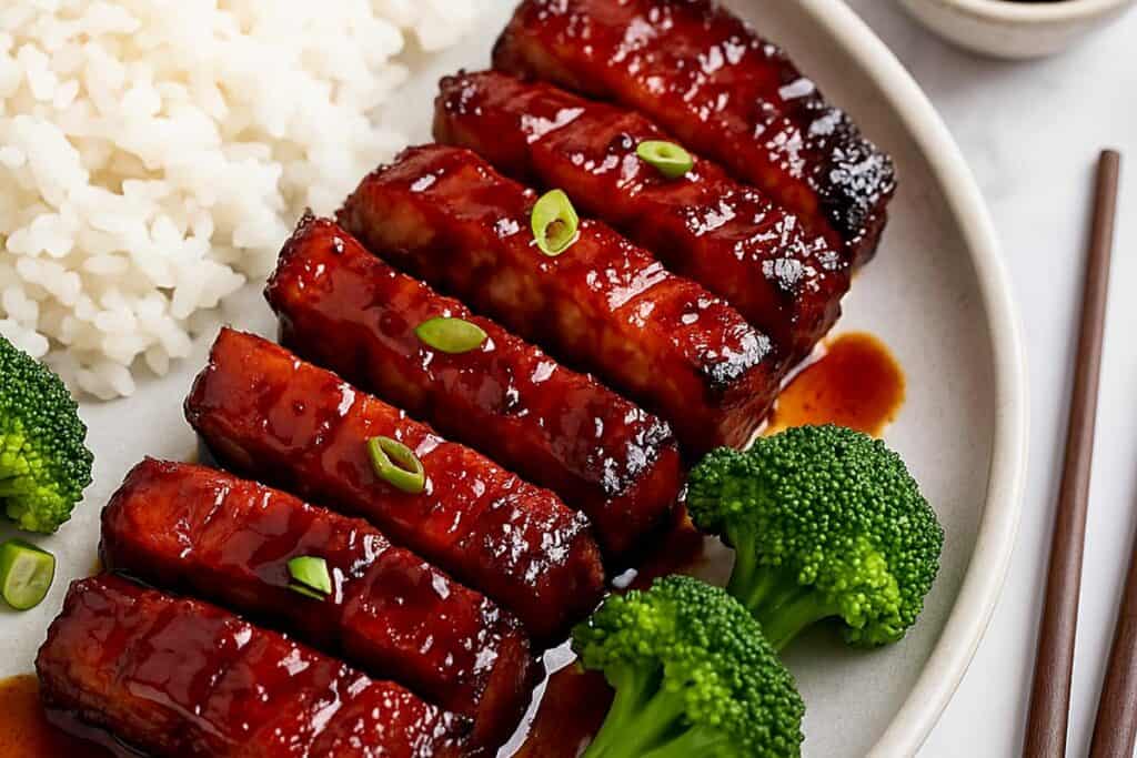 Char Siu pork belly served on a plate with steamed rice and vegetables, glossy glaze and charred edges visible, top-down view.