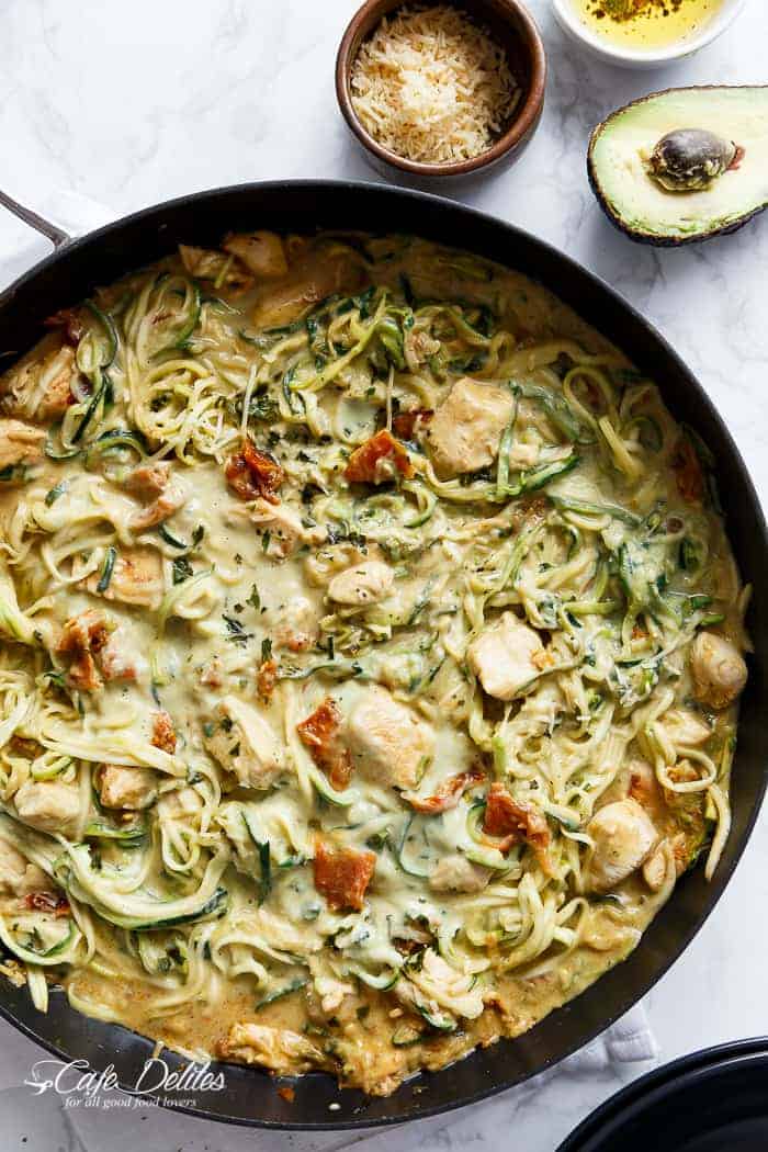 Avocado Alfredo Zoodles With Chicken And Sun Dried Tomatoes Avocado Alfredo Zoodles With Chicken + Sun Dried Tomatoes