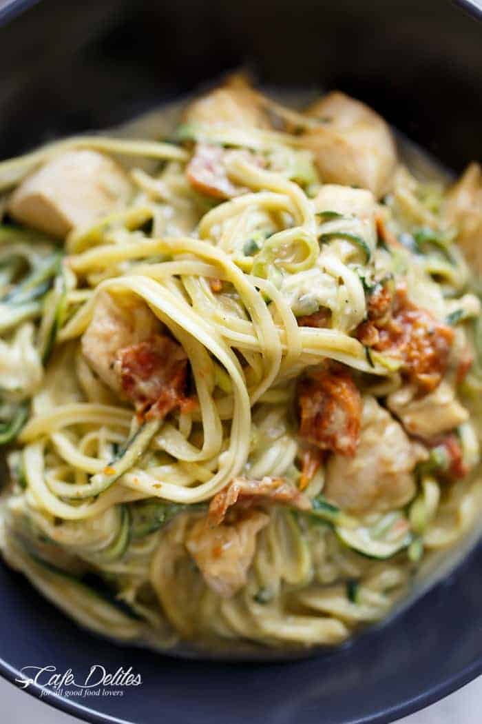 Avocado Alfredo Zoodles With Chicken And Sun Dried Tomatoes Avocado Alfredo Zoodles With Chicken + Sun Dried Tomatoes