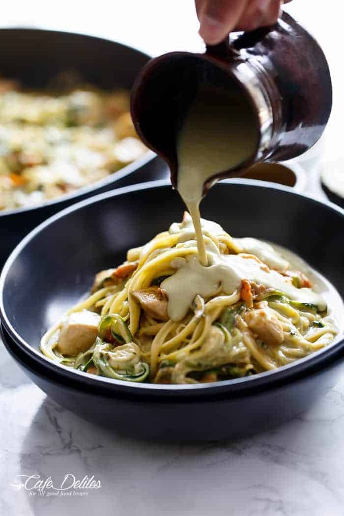 Avocado Alfredo Zoodles. A delicious no guilt dinner. Rich, thick and creamy thanks to an avocado 'alfredo' sauce wiout the use of any cream! Healthy fats, low in carbs, and absolutely delicious. | http://cafedelites.com
