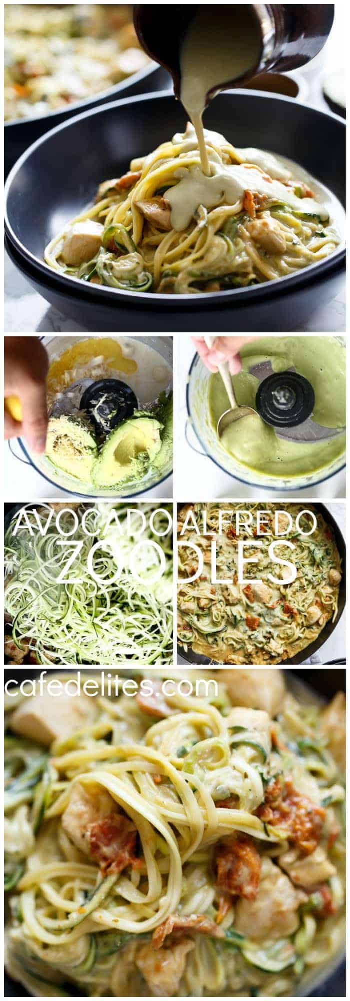 Avocado Alfredo Zoodles. A delicious no guilt dinner. Rich, thick and creamy thanks to an avocado 'alfredo' sauce wiout the use of any cream! Healthy fats, low in carbs, and absolutely delicious. | https://cafedelites.com
