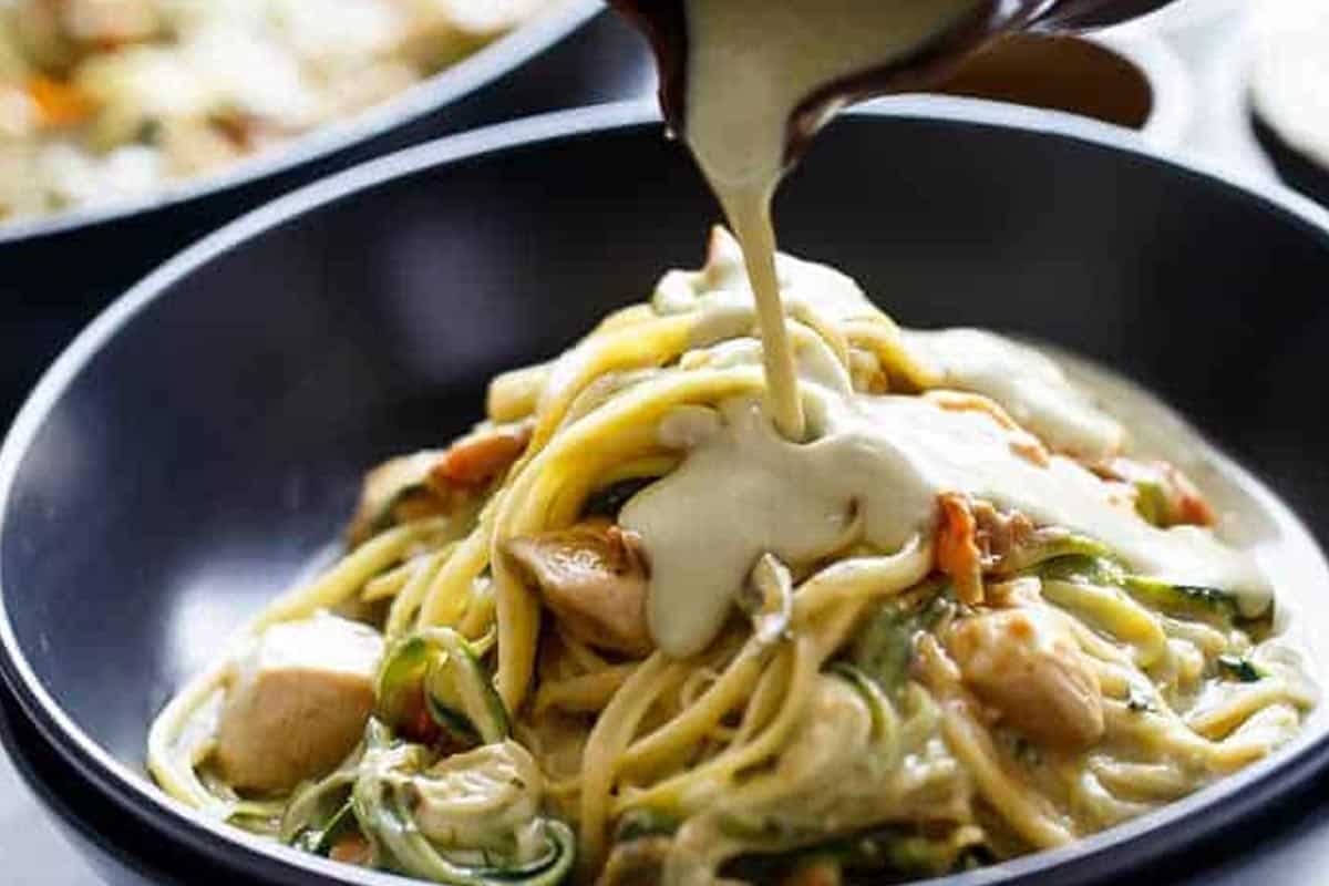 Close-up shot of Avocado Alfredo Zucchini Noodles.