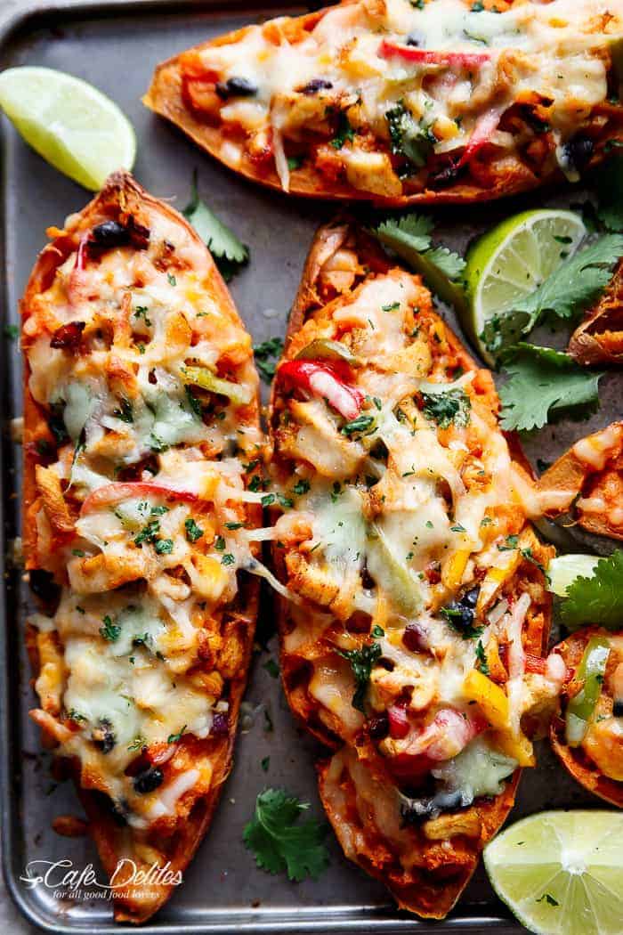  Twice Baked Chicken Fajita Sweet Potatoes | https://cafedelites.com