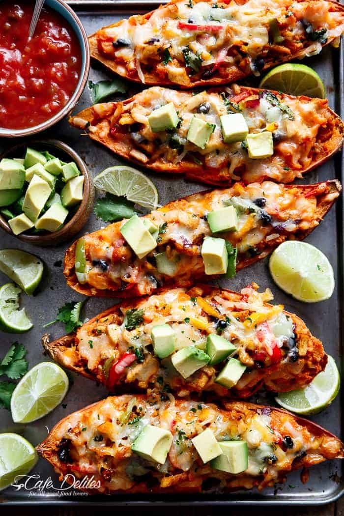  Twice Baked Chicken Fajita Sweet Potatoes | https://cafedelites.com