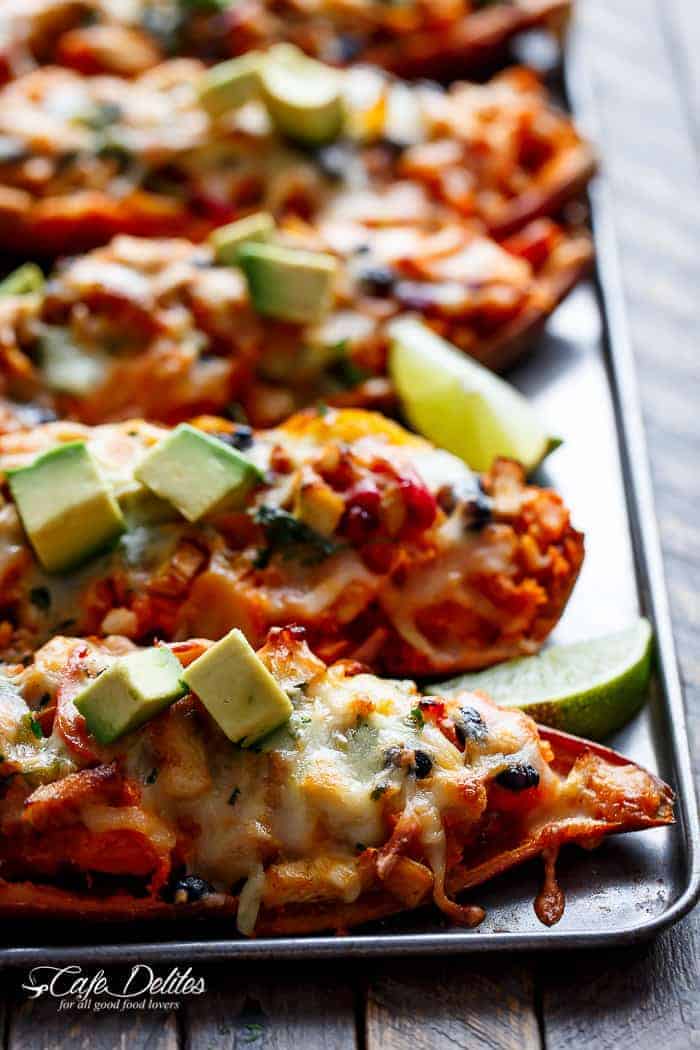  Twice Baked Chicken Fajita Sweet Potatoes | https://cafedelites.com