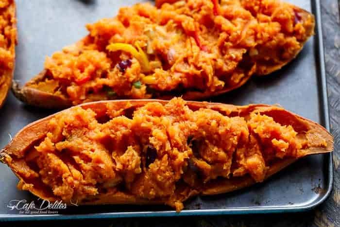  Twice Baked Chicken Fajita Sweet Potatoes | https://cafedelites.com