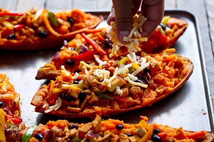  Twice Baked Chicken Fajita Sweet Potatoes | https://cafedelites.com