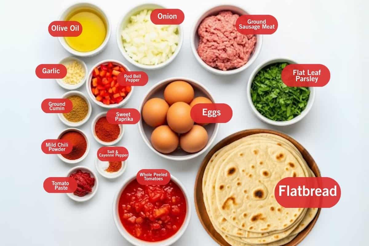 Flat lay photo of ingredient sho of olive oil, onion, ground sausage meat, flat leaf parsley. flatbread, whole peeled tomatoes, eggs, tomato paste, salt and cayenne pepper, mild chili powder, sweet paprika, ground cumin, red bell pepper, garlic