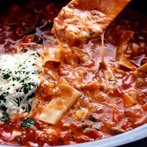 Lasagna Soup in a bowl with wooden spoon