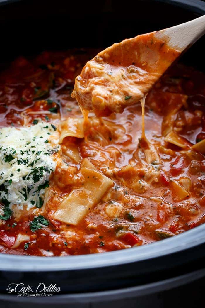 A lighter and healthier version of lasagna with all of the traditional flavours, this easy to make low fat lasagna soup comes together in minutes! No layering. No waiting around your oven. Simply throw all of your ingredients into your slow-cooker or crockpot and you have lasagna soup ready to be served whenever you are; with minimal work and maximum taste! | https://cafedelites.com