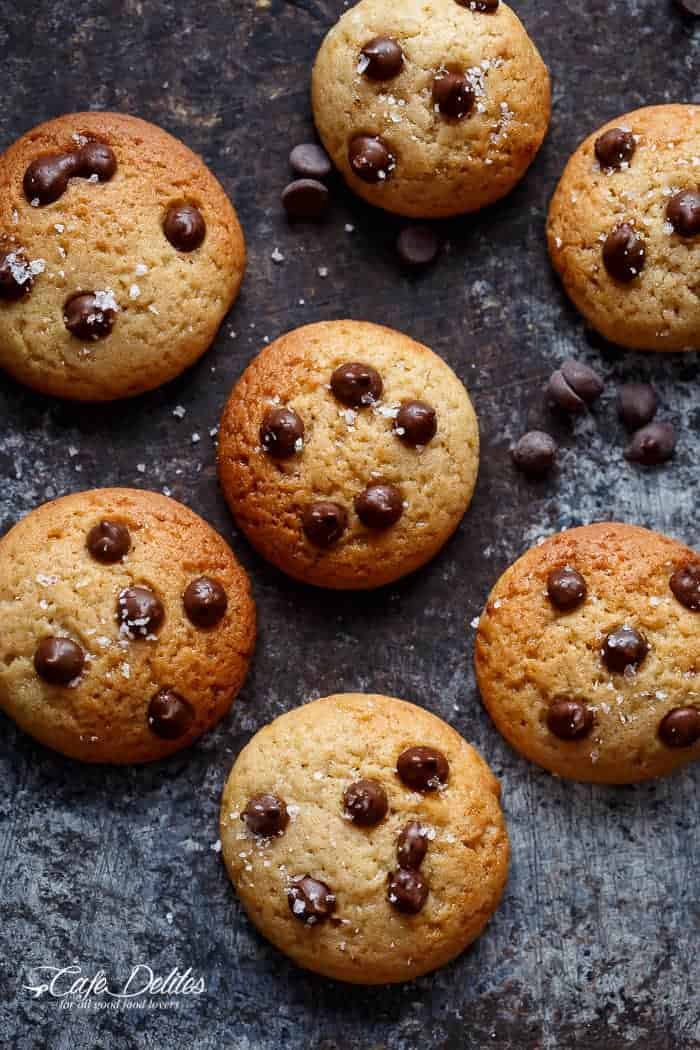 Mini Chocolate Chip Greek Yogurt Cookies on a baking tray