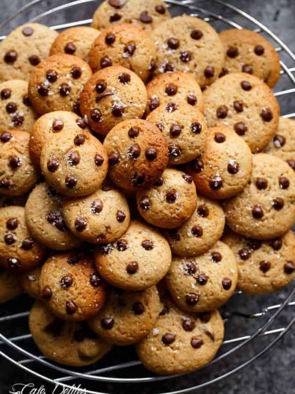 Mini Chocolate Chip Greek Yogurt Cookie Bites stack on each other