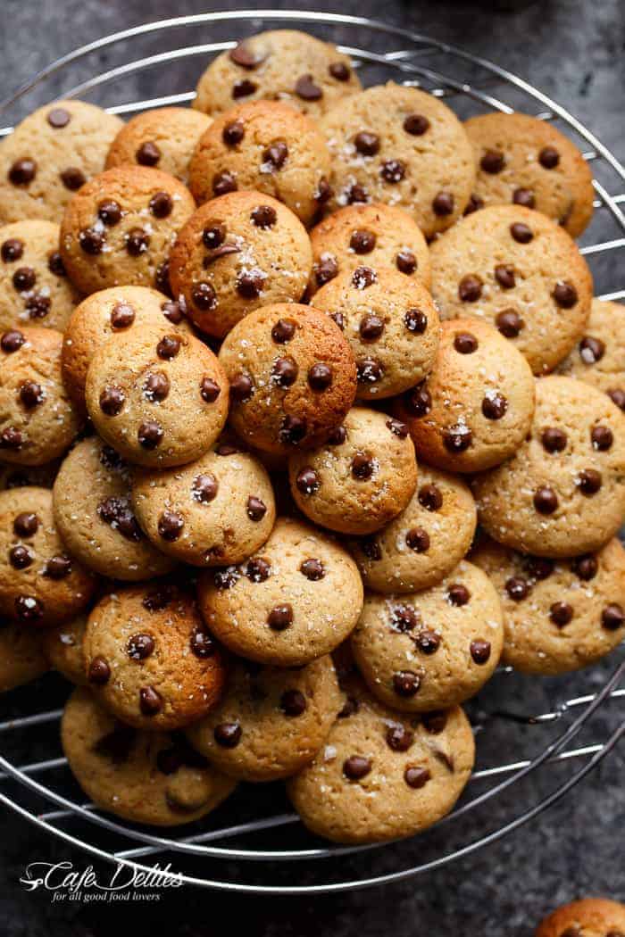 Mini Chocolate Chip Greek Yogurt Cookies that WON'T put a dent in your diet! They're chewy. They're soft. They're completely addictive and easy to make. They're only 23 calories per cookie or Weight Watchers 1 sp EACH! | http://cafedelites.com