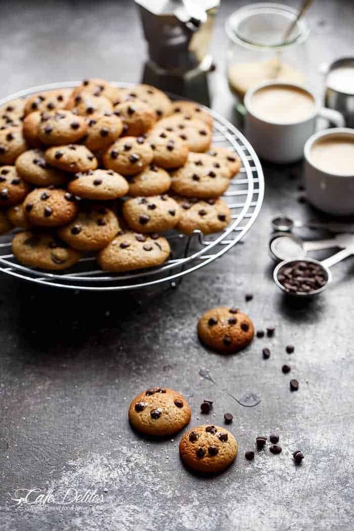 Mini Chocolate Chip Greek Yogurt Cookies on a cooling rack