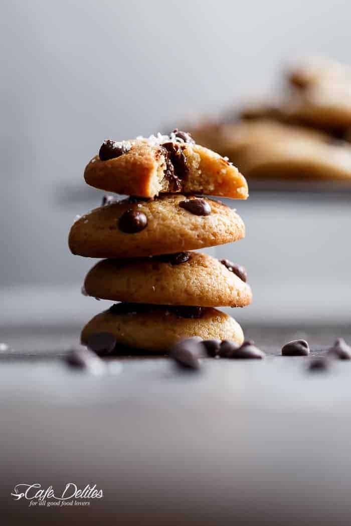 Mini Chocolate Chip Greek Yogurt Cookies stack on each other