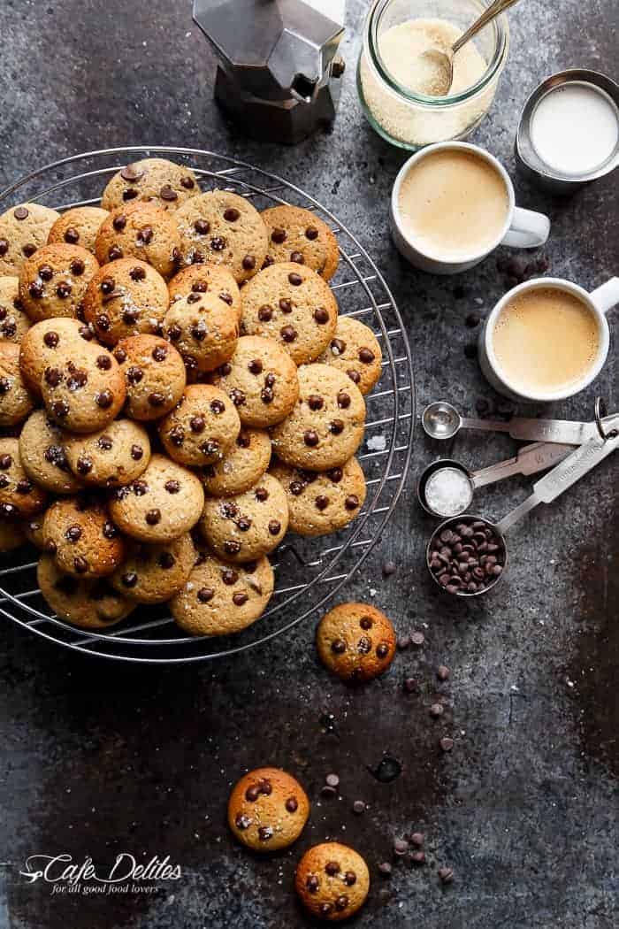 Mini Chocolate Chip Greek Yogurt Cookies on a cooling rack