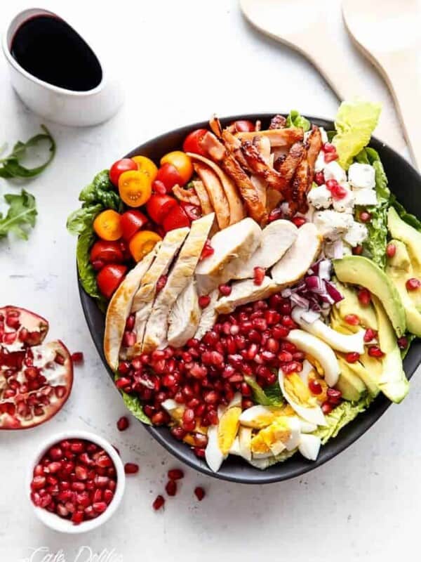 Top view of Pomegranate Cobb Salad in a bowl