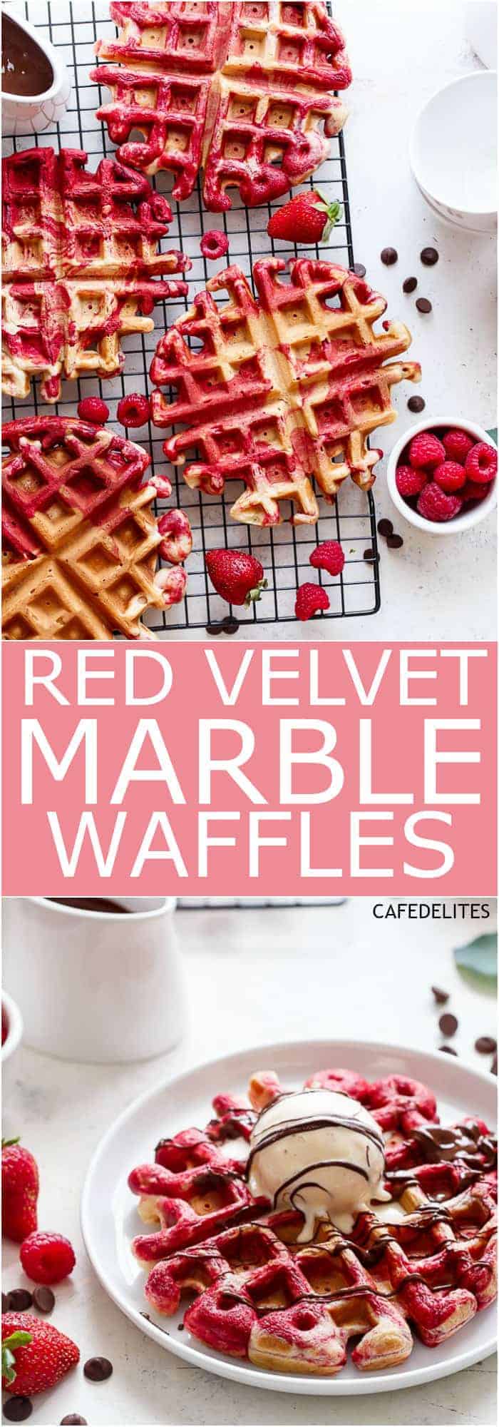 Red Velvet Marbled Waffles or Valentine's Day Waffles made healthier with Greek Yogurt are absolutely incredible! Drizzled in melted chocolate and top with ice cream for extra indulgence! | https://cafedelites.com