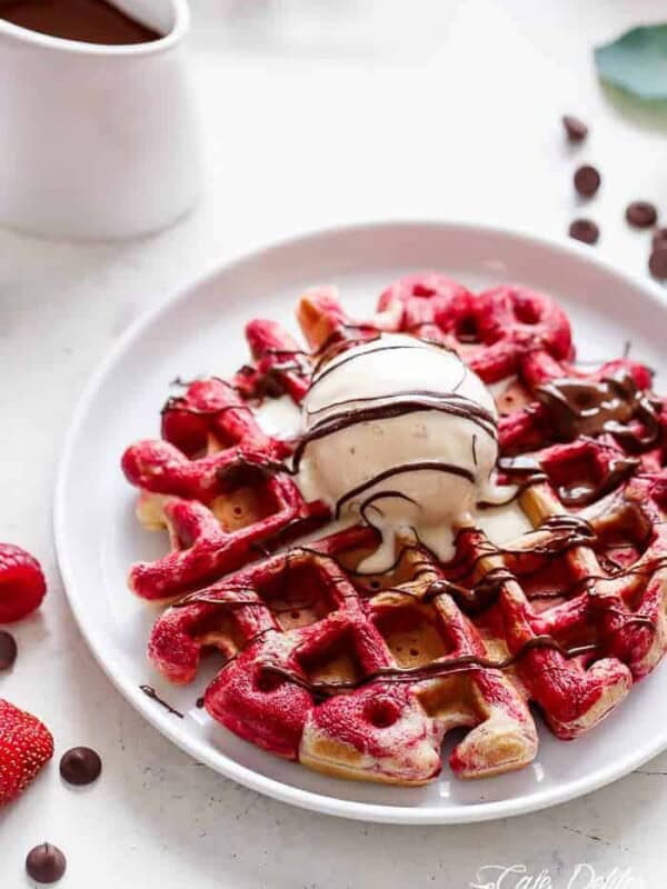 Red Velvet Marbled Waffles with ice cream scoop
